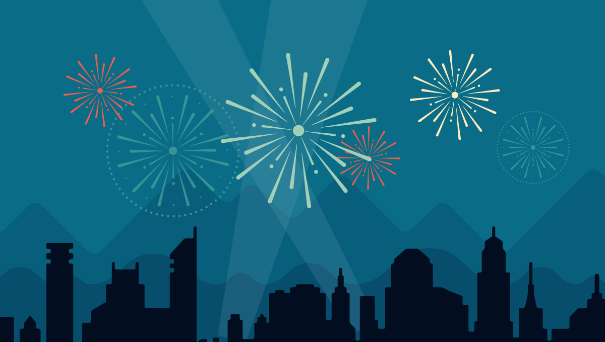 Illustrated city skyline silhouette under a teal night sky with colorful fireworks bursts in red, cream, and light green